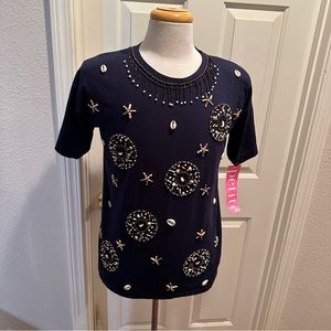 Victoria Jones Woman’s Petite beaded round neck shirt.